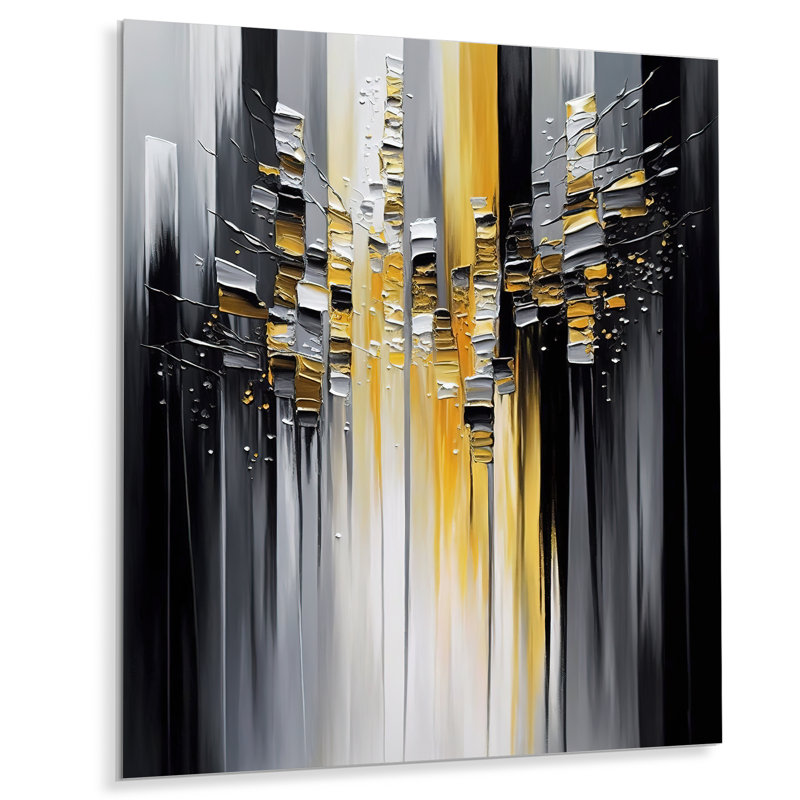 Décoration murale abstraite géométrique noire et jaune I - animaux en métal, H 32 po x l 24 po
