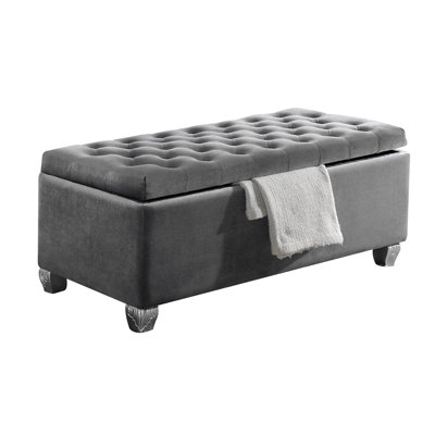 Lift-Top Storage Bench With Grey Velvet Upholstery, Tufted Design, Hidden Storage & Sturdy Wooden Legs