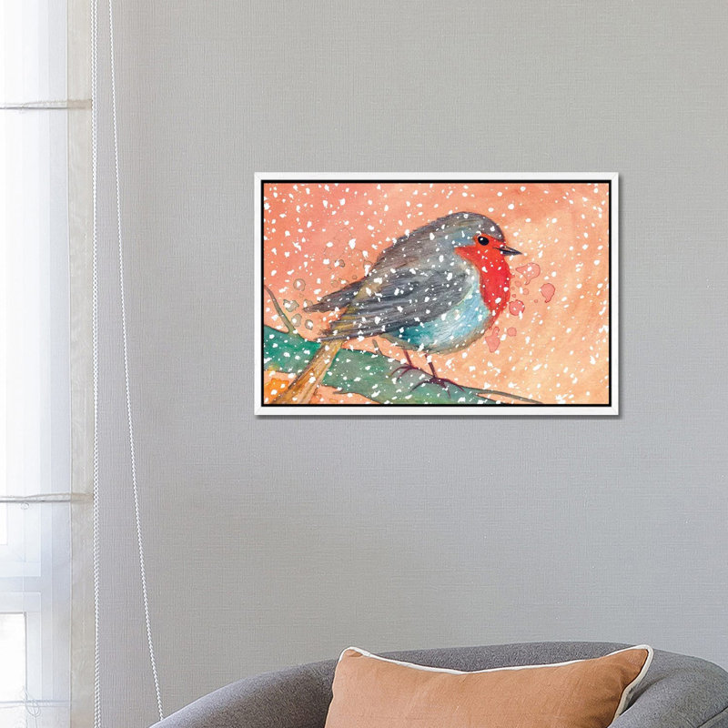 Robin In Winter by The Cosmic Whale - Floater Frame Gallery-Wrapped Canvas Giclée on Canvas, 45.72 cm H x 66.04 cm W, White