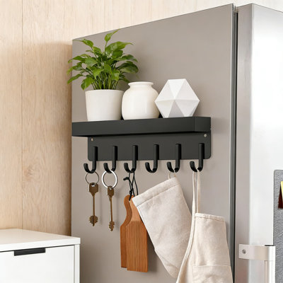 Magnetic Wall Mount Key Holder With 6 Hooks And Storage Shelf, No-Drill Installation For Refrigerator Or Door, Space Saving Organizer For Keys And Essentials