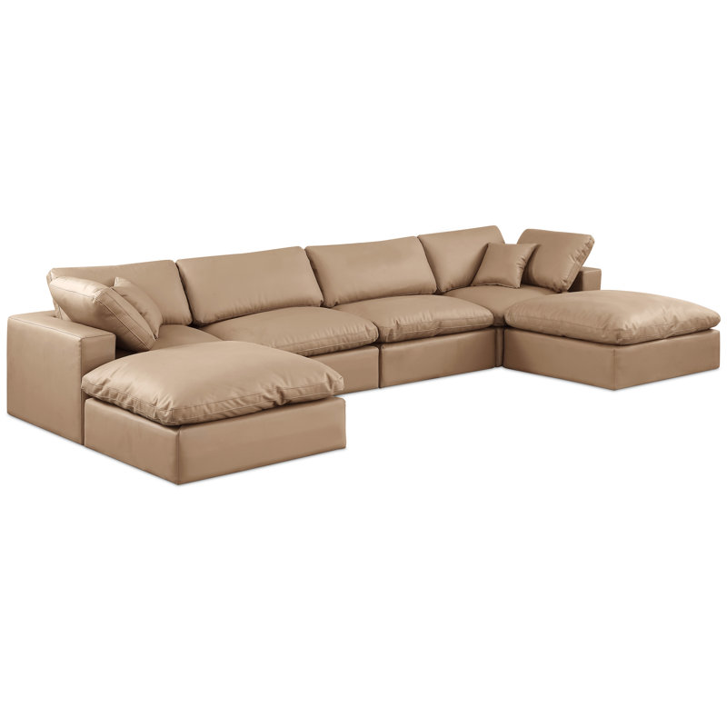 Hivay 160" Wide Faux Leather Reversible Modular Corner Sectional with Ottoman, Tan Vegan Leather