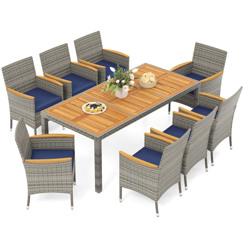 9 Pcs Patio Dining Set For 8 Table And Pe Rattan Chairs With 2" Umbrella Hole Navy
