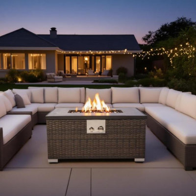 Rectangular Outdoor Propane Fire Pit Table – 15'' H x 32'' W, Complete with Marble Texture Top and Metal Cover Lid 