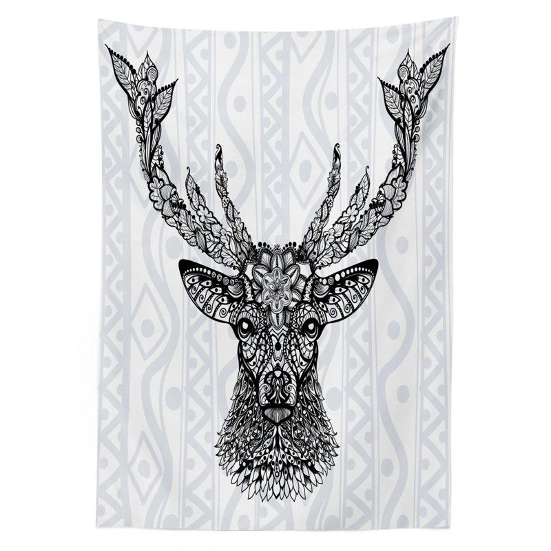 Nappe cerf, motif floral de cerf polynésien à motif de bohème de style bohème, couverture de table rectangulaire pour décor de cuisine de salle à manger, 52 po x 70 po, noir et blanc