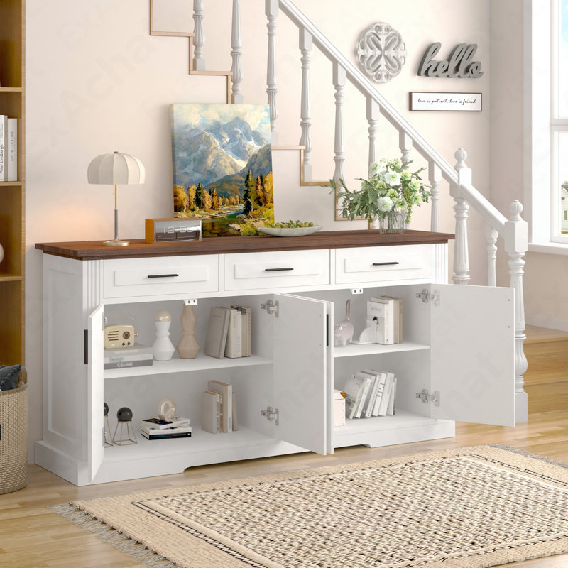 Wooden 63" Fluted Storage Sideboard - 4-Door 3-Drawer Coffee Bar Console For Living Room & Dining Room, Brown/White