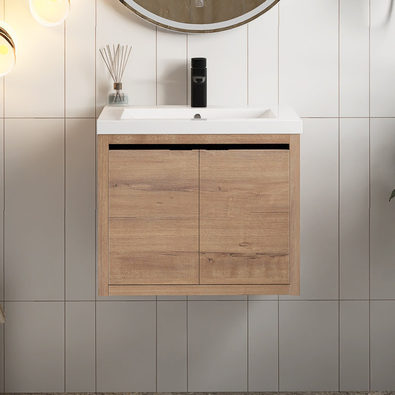 Meuble-lavabo mural 24 po avec lavabo pour petite salle de bain, Brun