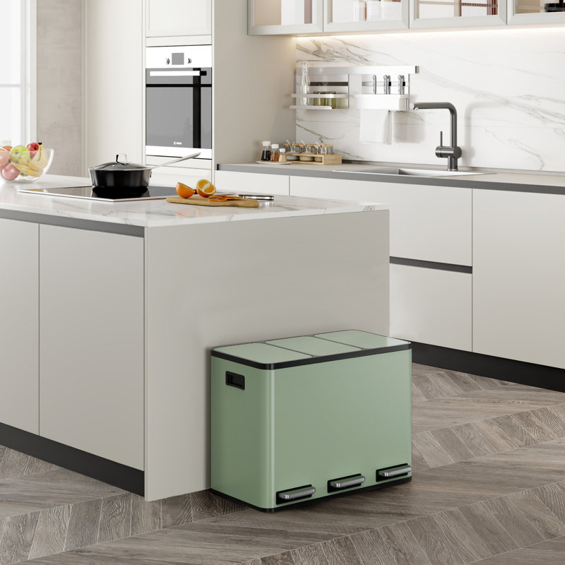 Stainless Steel 45 Litre Step On Multi-Compartments Trash & Recycling Bin, Green