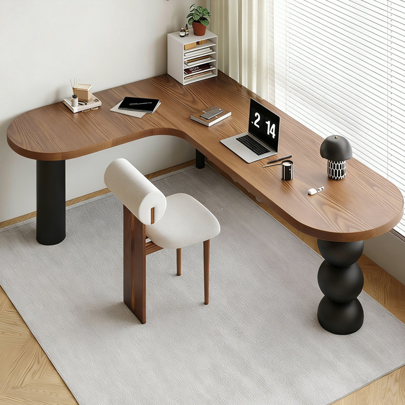 Light-walnut + Black L-Shaped Solid Wood desk, 29.53" H x 62.99" W x 47.24" D, Left Hand Return