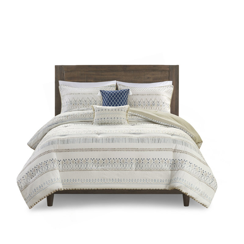 Ensemble d'édredon 5 pièces avec coussins décoratifs en tissu gaufré taupe / bleu / grand 5 pièces
