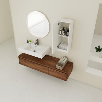 Meuble-lavabo mural 60 po avec lavabo en résine et armoire d'appoint 60 po, tiroir à fermeture en douceur, fixation à flotteur