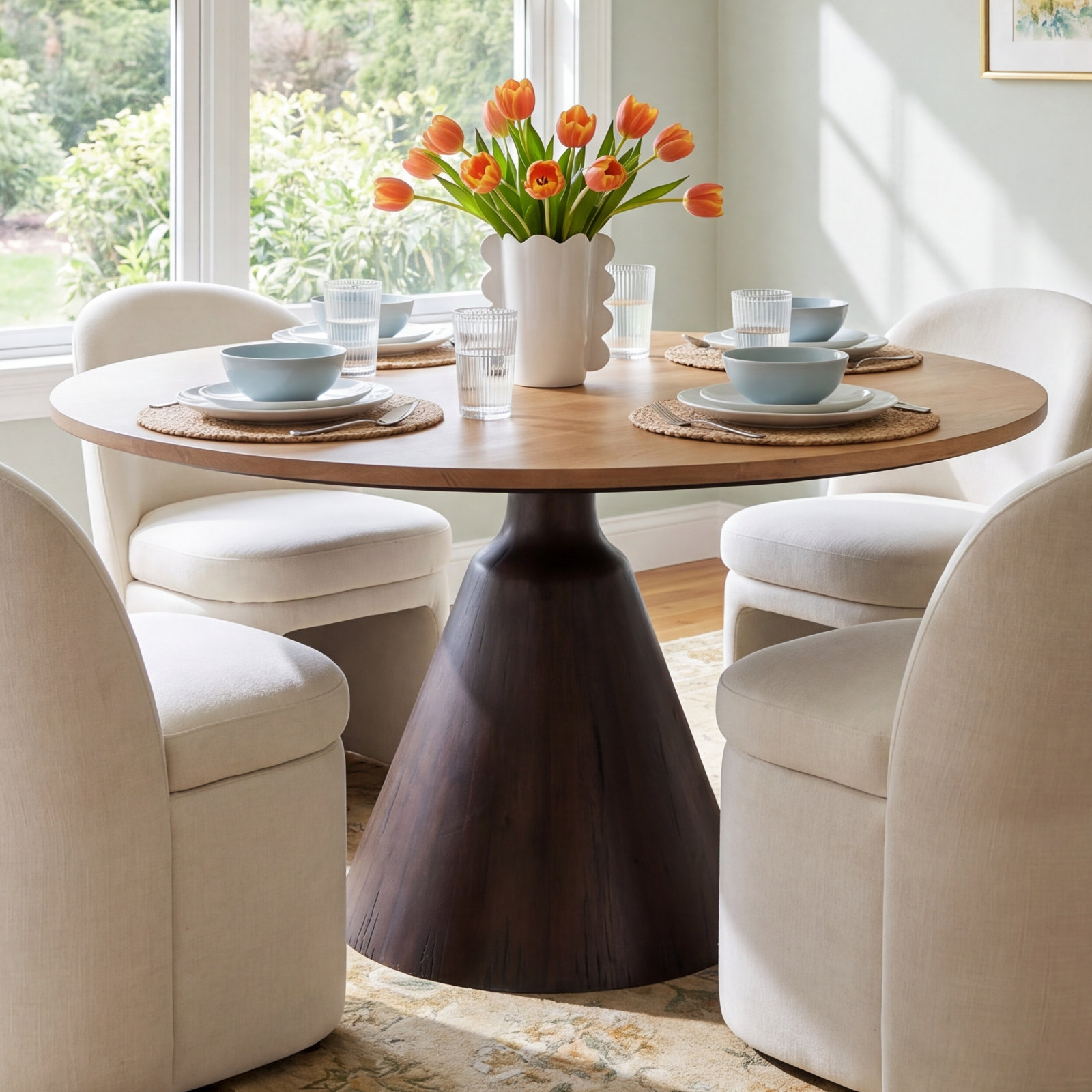 Sireli 54'' Round Dining Table, Light Brushed Parawood/Dark Brown