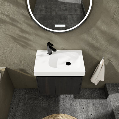 Lavabo de salle de bain 24 po avec lavabo en céramique, rangement mural en bois flottant, double porte, noir, salle de bain américaine