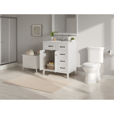 30" White Bathroom Vanity with Ceramic Sink, Freestanding Vanity with Black Metal Handles