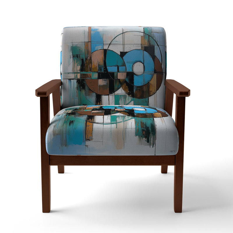 Mid-Century Accent Chair, Colorful Abstract Upholstered Armchair - Colorful Mid Century Abstract Fusion I, Brown Square Arms