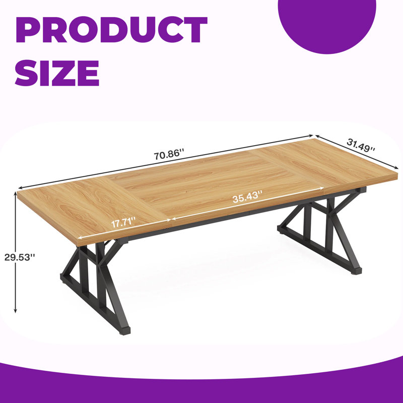 70.8" Rustic Farmhouse Dining Table for 6 with Steel X-Trestle Base, Light Walnut & Black