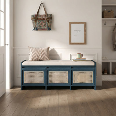 Banc de rangement pour chaussures 48 "avec tiroirs en rotin et coussin rembourré capitonné à boutons - Bleu marine antique