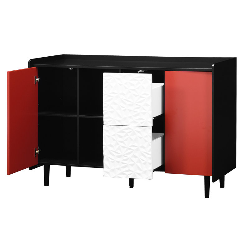 Armoire noire avec portes rouges et 2 compartiments ouverts pour portes de salle à manger, tiroirs et tablettes, buffet