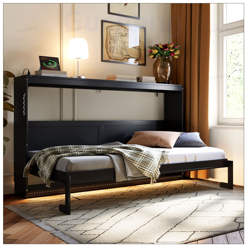 Lit escamotable moderne pliant sur le côté avec motif imprimé tendance, éclairage DEL sous le lit et prise USB intégrée