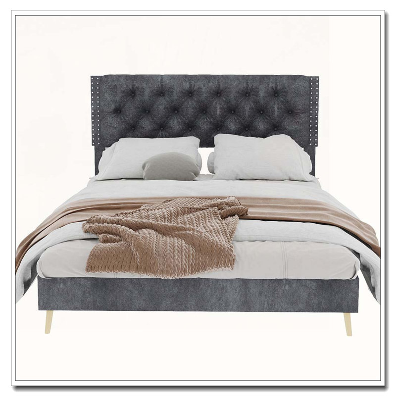 Structure de lit en velours, Gris, Grand lit