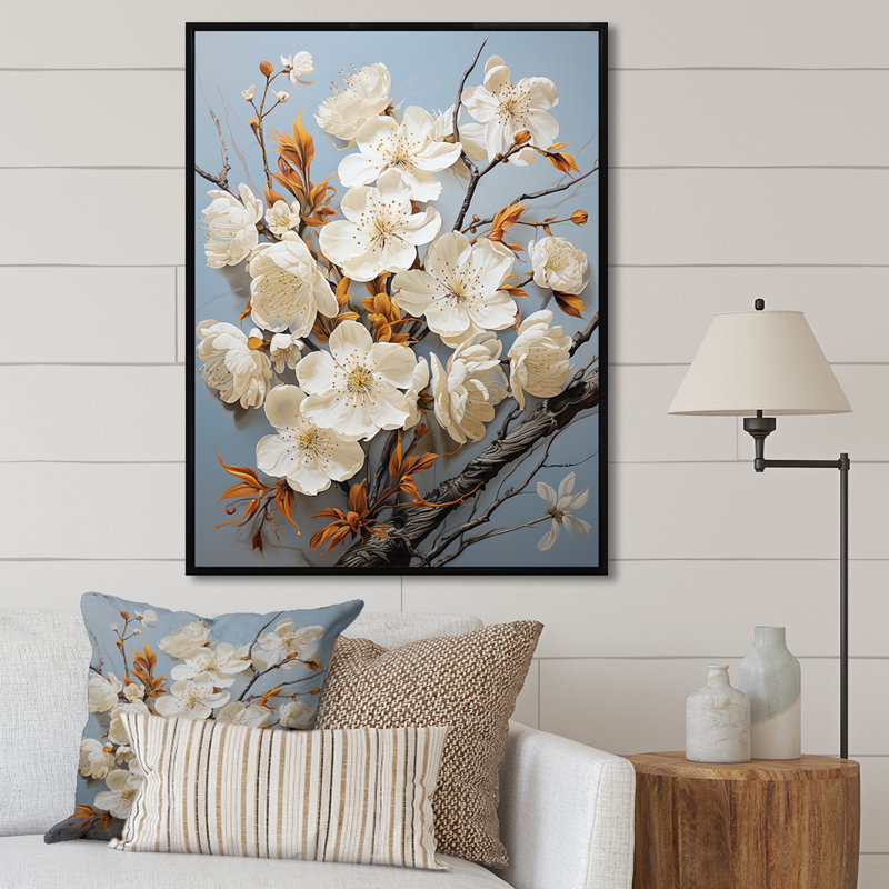 Minimalisme blanc et bleu cerisier en fleurs II sur toile, Cadre photo argenté, H 40 po x l 30 po