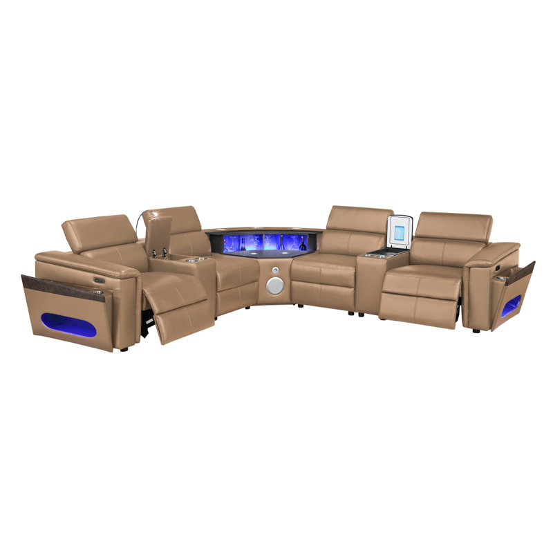 Canapé modulaire en caramel Nova avec 2 consoles avec lampe de lecture et réfrigérateur