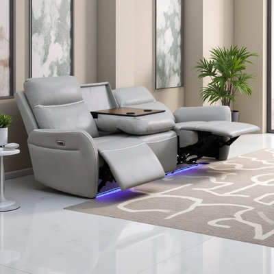 80" Power Recliner Sofa In Breathable Leather With LED Light,Wireless Charging Station,And Cup Holders
