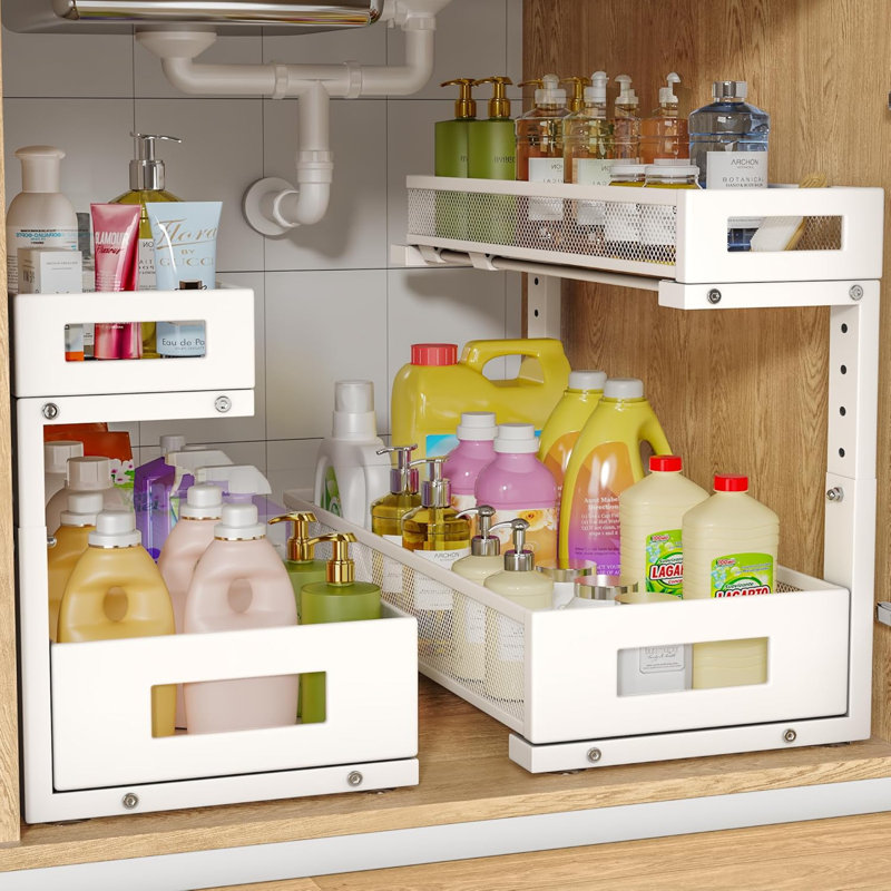 Rangement sous évier à 2 niveaux avec tablettes coulissantes, hauteur réglable en L pour le rangement des armoires de cuisine et de salle de bain