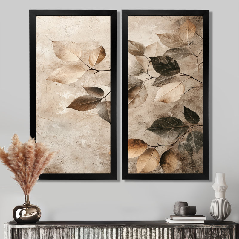 «Taupe Leaves Mosaic Collage», ensemble d'art mural encadré à feuilles, H 20 po x l 24 po, Picture Framed Print, Noir