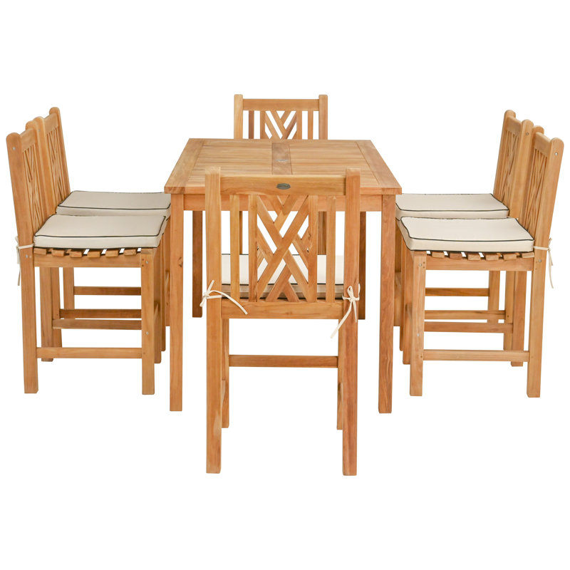 7 Piece Teak Wood Chippendale 55" Rectangular Bistro Counter Dining Set Including 2 Arm & 4 Side Counter Stools