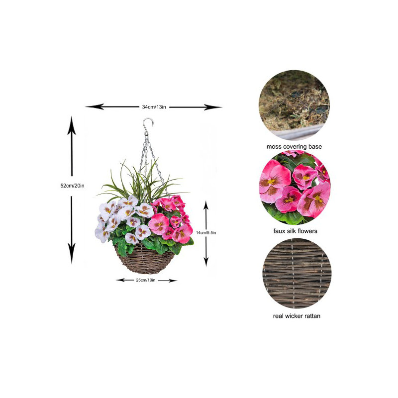 2 x Hanging Baskets with Flowers and Decorative Grasses (Set of 2), Pink/White