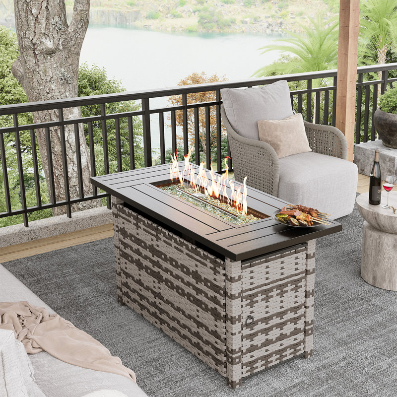 44" Propane Fire Pit Table, 2-in-1 Outdoor Gas Fire Pit with Lid, 50,000 BTU, CSA Certified, Rattan & Woodgrain Design, Grey