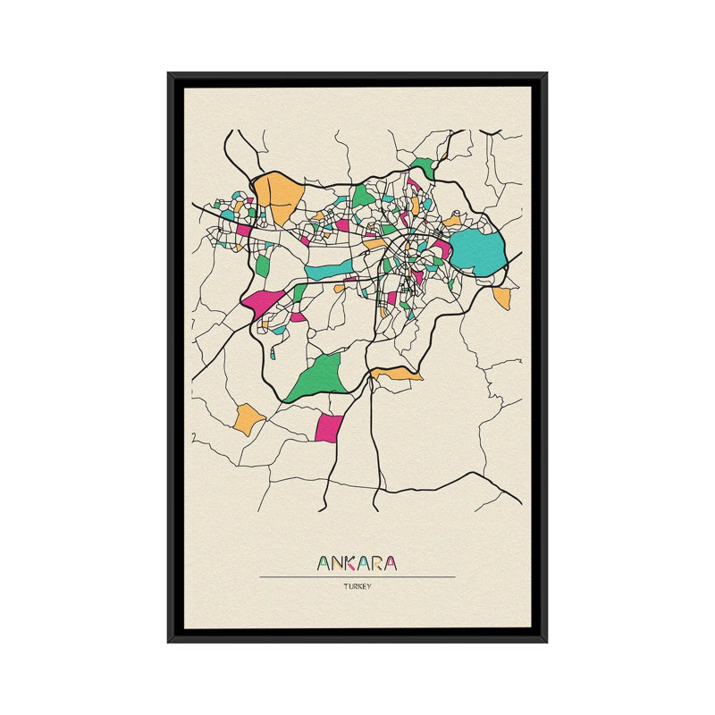 Ankara, Turkey Map by Ayse Deniz Akerman - Print on Canvas, Black Floater Frame, 152.5 cm H x 101.5 cm W