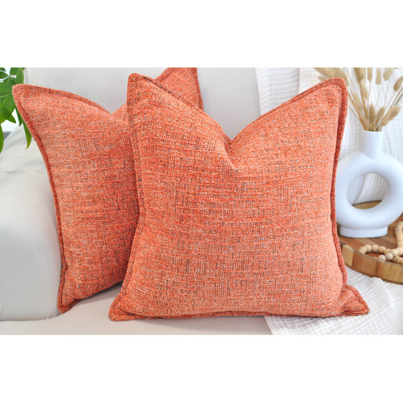 18x18 Orange Chenille Square Throw Pillow Covers Set with Piped Edges