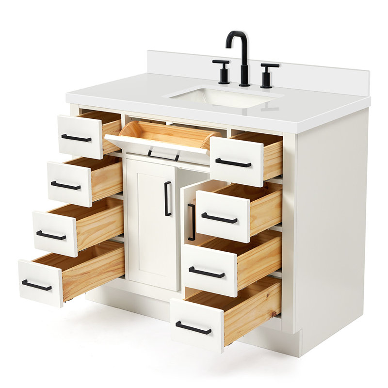 Tidworth 42' Solid Wood Single Bathroom Vanity with 1.5' White Quartz Top, Blanc / noir mat, Forme rectangulaire