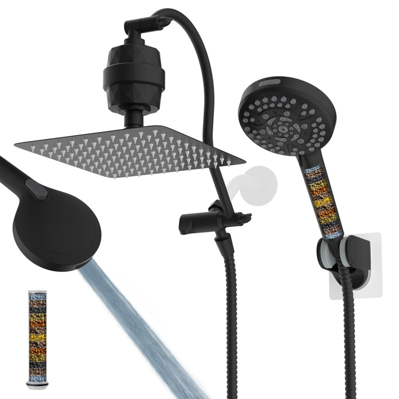 10'' Filtered Rainfall Shower Head Combo, High Pressure, 12'' Adjustable Curved Extension Arm, 20 Stage Shower Filter, 10-Spray, 71'' Hose