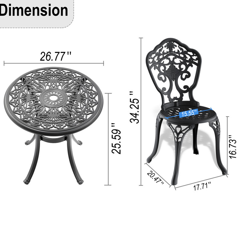 Ensemble de 3 meubles de patio en aluminium coulé avec cadre noir