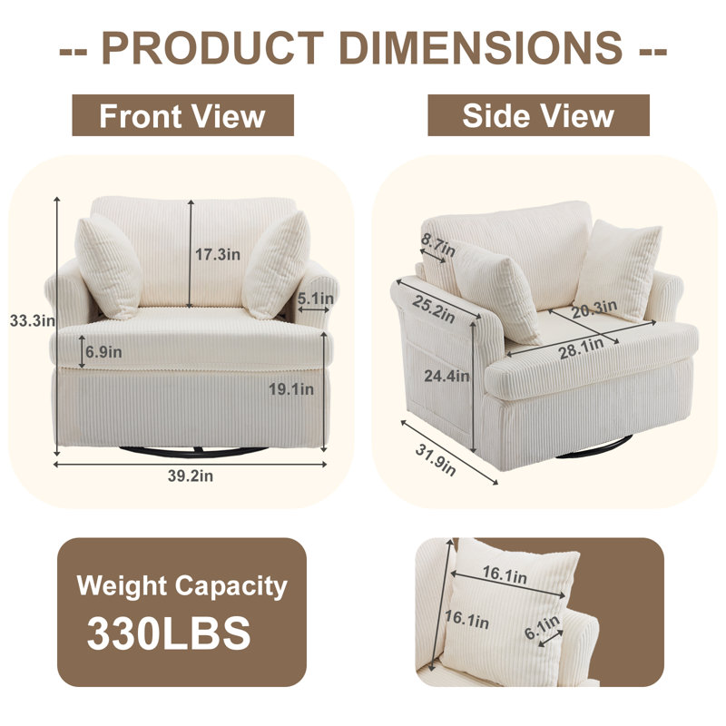 Fauteuil d'appoint pivotant en velours côtelé avec tourne-disque et poche de rangement latérale pour le salon