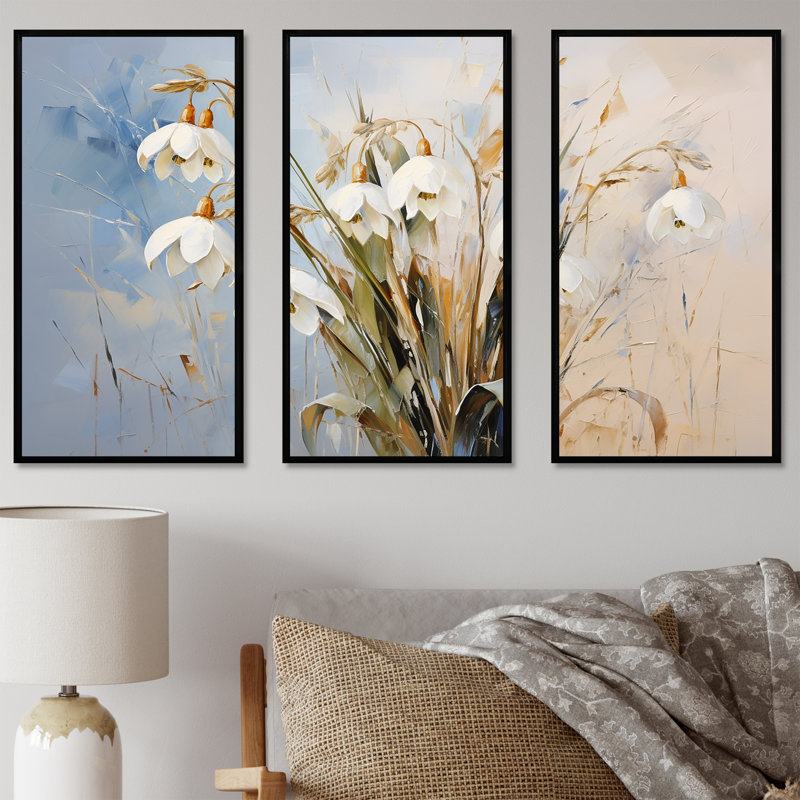 «White and Blue Snowdrops Simplicity II», ensemble d'art mural Snowdrops, Cadre flottant noir, H 40 po x l 60 po x P 1 po