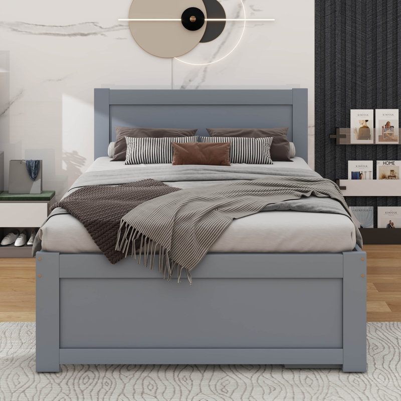 Un lit plateforme avec un tiroir et deux tablettes, Gris, Double