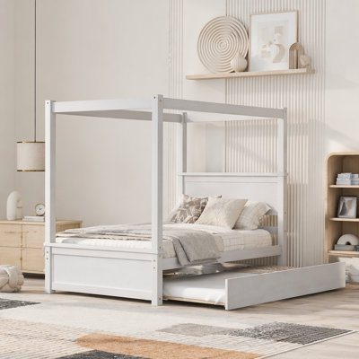 Full Size Canopy Platform Bed with Trundle, Two Storage Drawers, and Customizable Rails