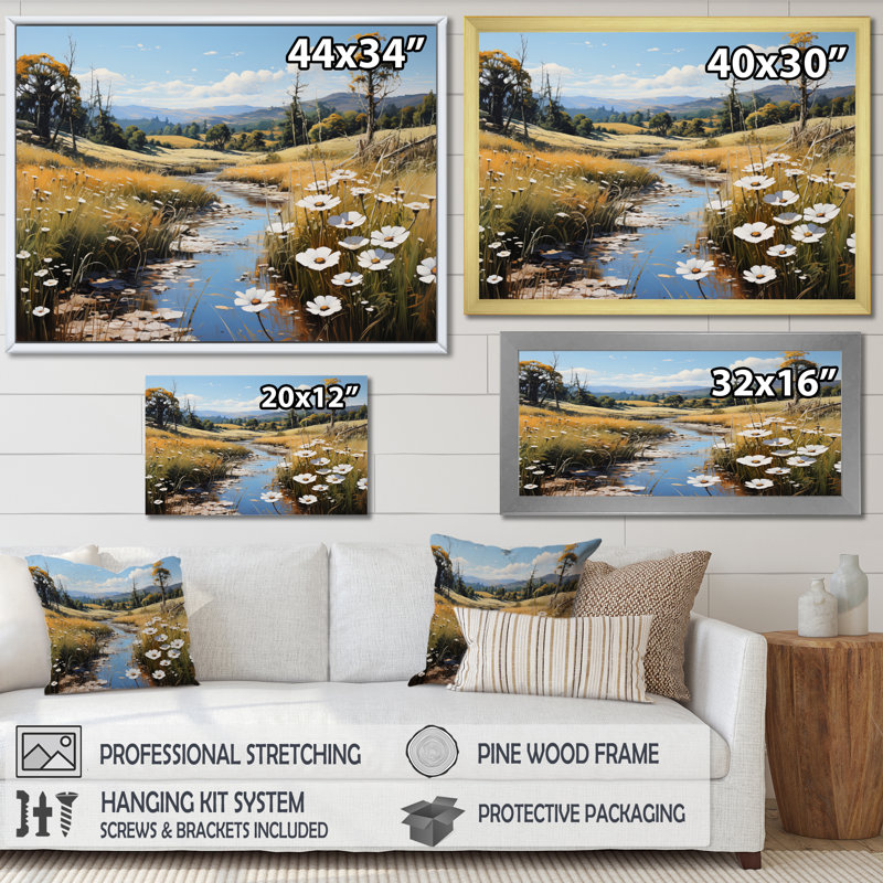 «Meadow Whispers», impression pastorale sur toile, H 16 po x l 32 po, Cadre flottant blanc