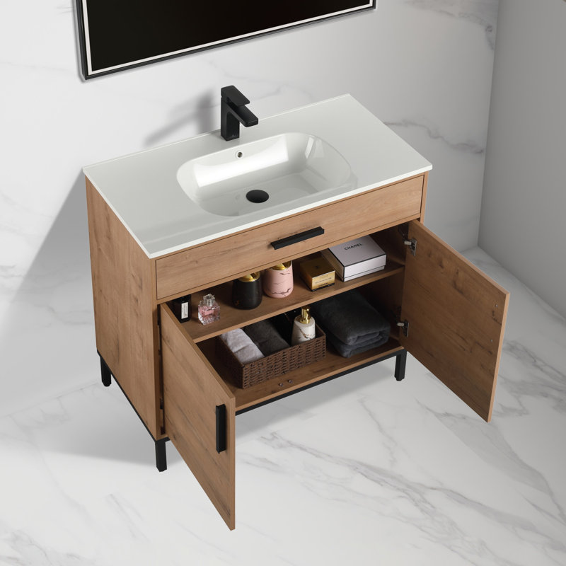 36" Freestanding Bathroom Vanity with Sink – Solid Wood Cabinet with Ceramic Basin, Soft-Close Doors & Adjustable Storage for Small Bathrooms