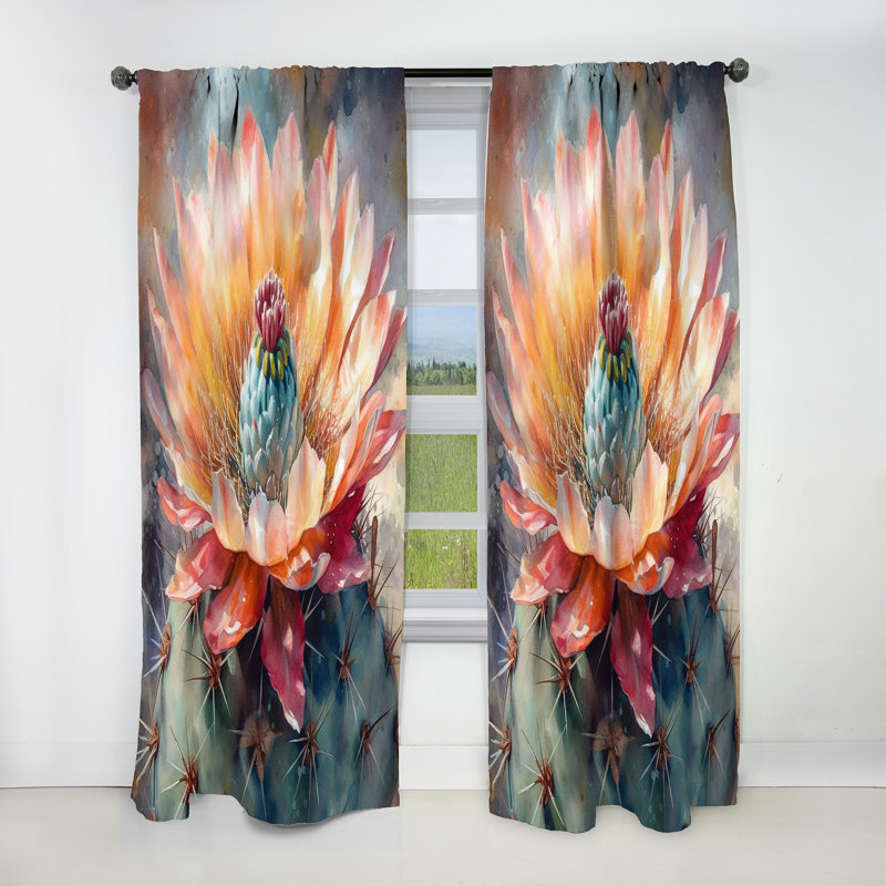 Rideau occultant orange et vert Cactus Flower III - Floral, L 52 po x L 63 po