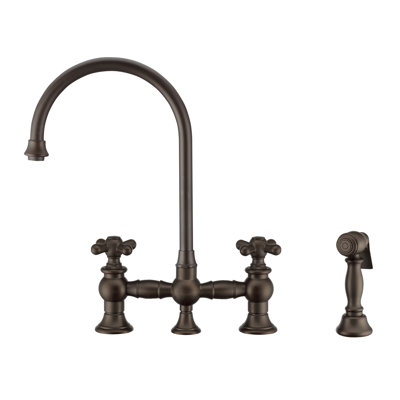 Whitehaus Collection Bridge Faucet with Long Gooseneck Swivel Spout, Lever Handles and Solid Brass Side Spray