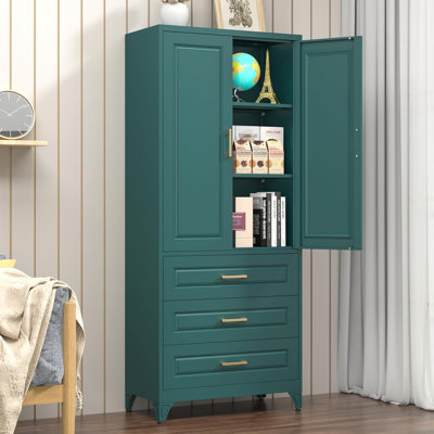 Green Metal Storage Cabinet,75" Tall Kitchen Pantry Storage Cabinet with Doors and Adjustable Shelves, Metal Pantry Cabinets with 3 Drawers, Large Cupboard for Dining Living Room, Bathroom