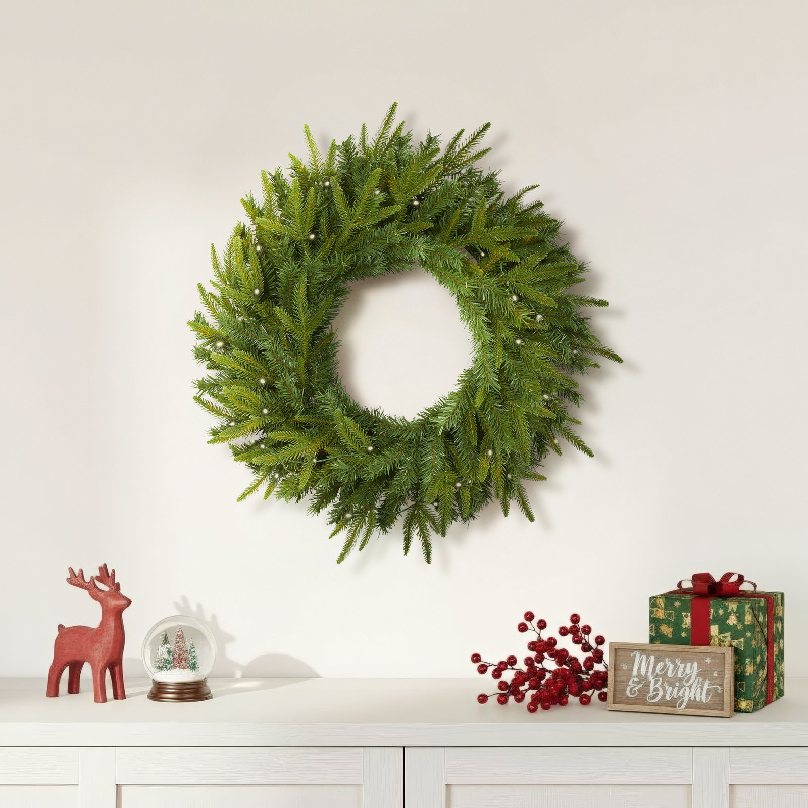 24'' Faux Pine Lighted Silk, Pinecones Wreath