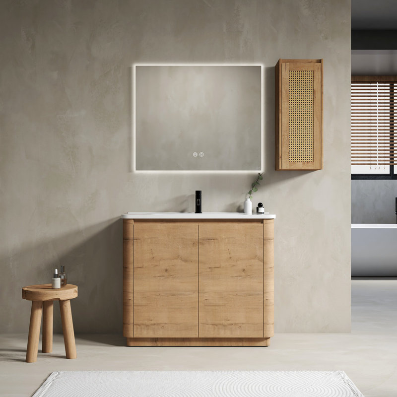 Meuble-lavabo autoportant de 40 po avec lavabo en céramique et 2 portes à fermeture en douceur et armoire latérale, contreplaqué