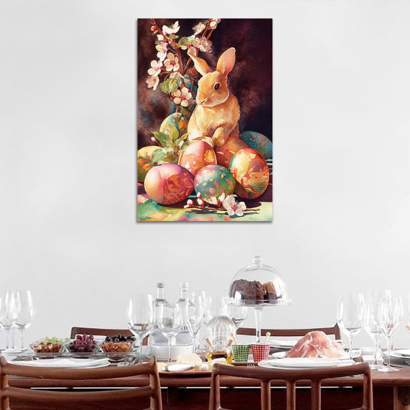  Art mural sur toile de lapin de Pâques - Décoration murale lapin de printemps vibrant avec œufs et fleurs de Pâques, pour décoration murale de Pâques et décorations saisonnières pour la maison, 12 po x 18 po