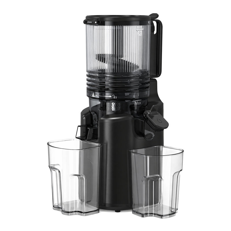 Extracteur de jus à pression froide avec goulotte d'alimentation de 6 pouces de large, extracteur de jus à mastication lente à haut rendement, moteur sans brosse silencieux et facile à nettoyer, presse-agrumes à légumes entiers, noir / argent