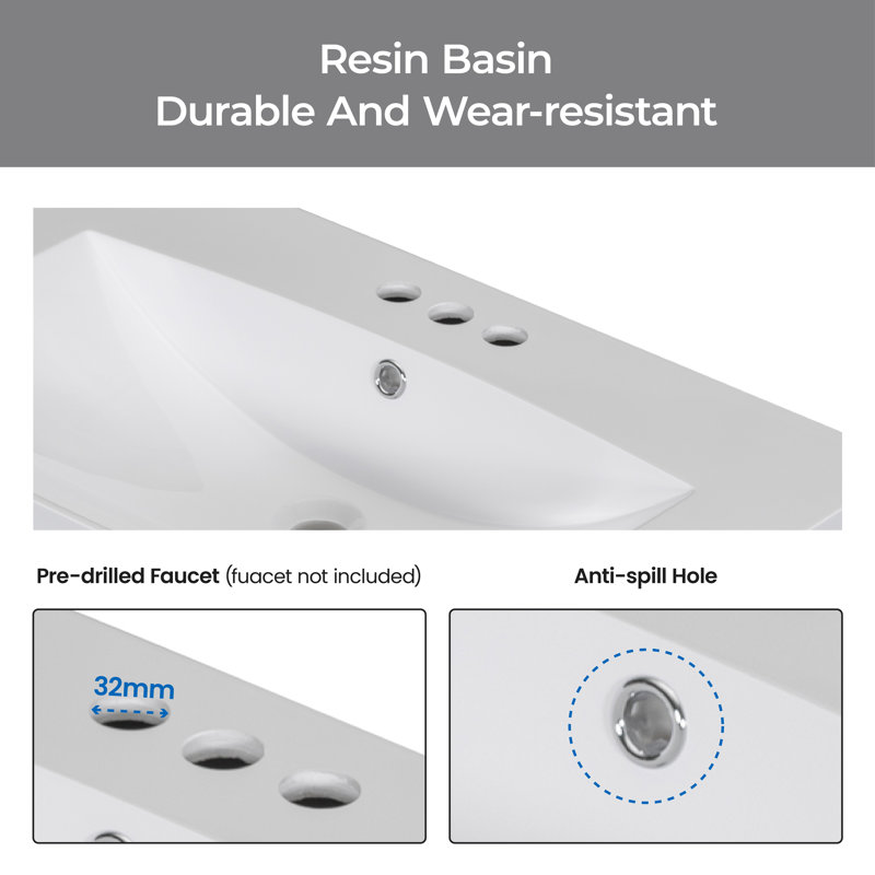 Ensemble de meuble-lavabo simple autoportant 24 po avec plateau en résine Conol, gris